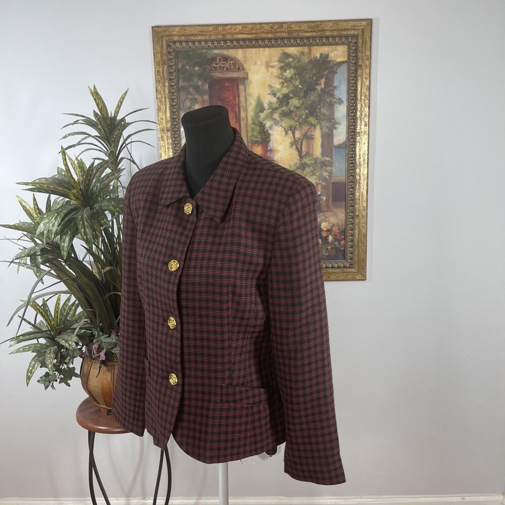 SBS Collection Women Blazer Size 10 Burgundy Plaid Gold Button Career Jacket - Picture 6 of 11